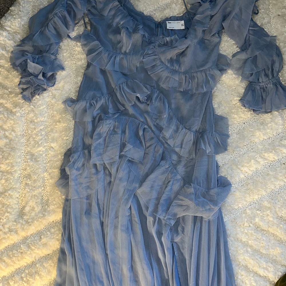 ASOS Light Blue Ruffle Long Sleeve Dress - Picture 4 of 7